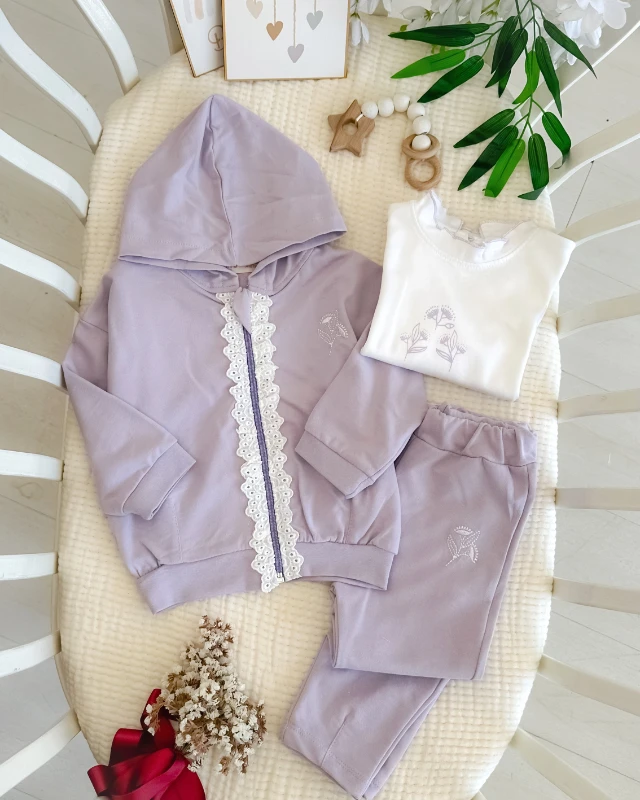 Soft çiçek işlemeli güpür detaylı kapüşon hırkalı mevsimlik 3 parça takım