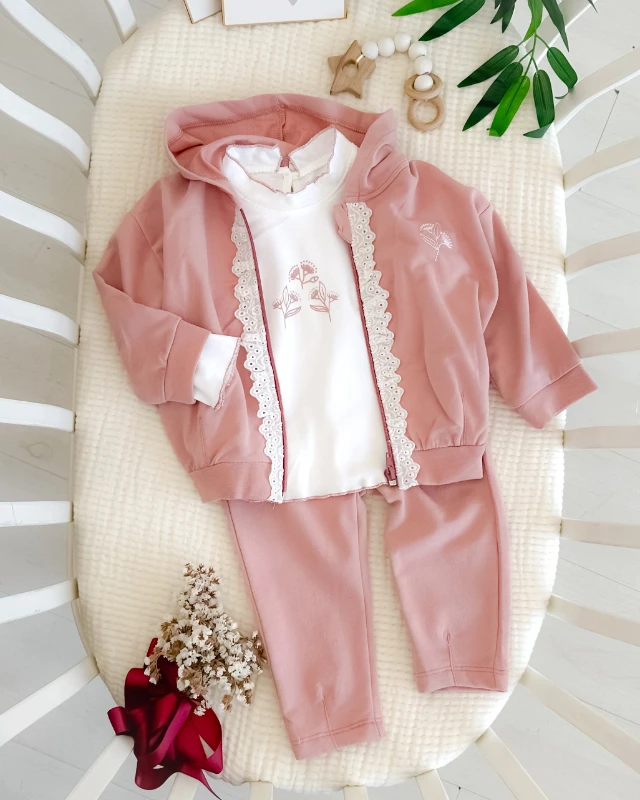 Soft çiçek işlemeli güpür detaylı kapüşon hırkalı mevsimlik 3 parça takım