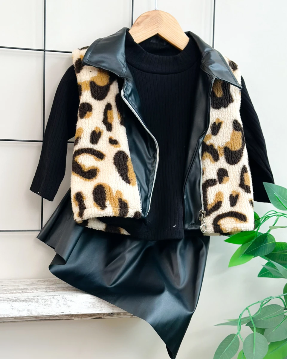 Leopar desen deri etek detaylı hırkalı premium kız 3lü takım