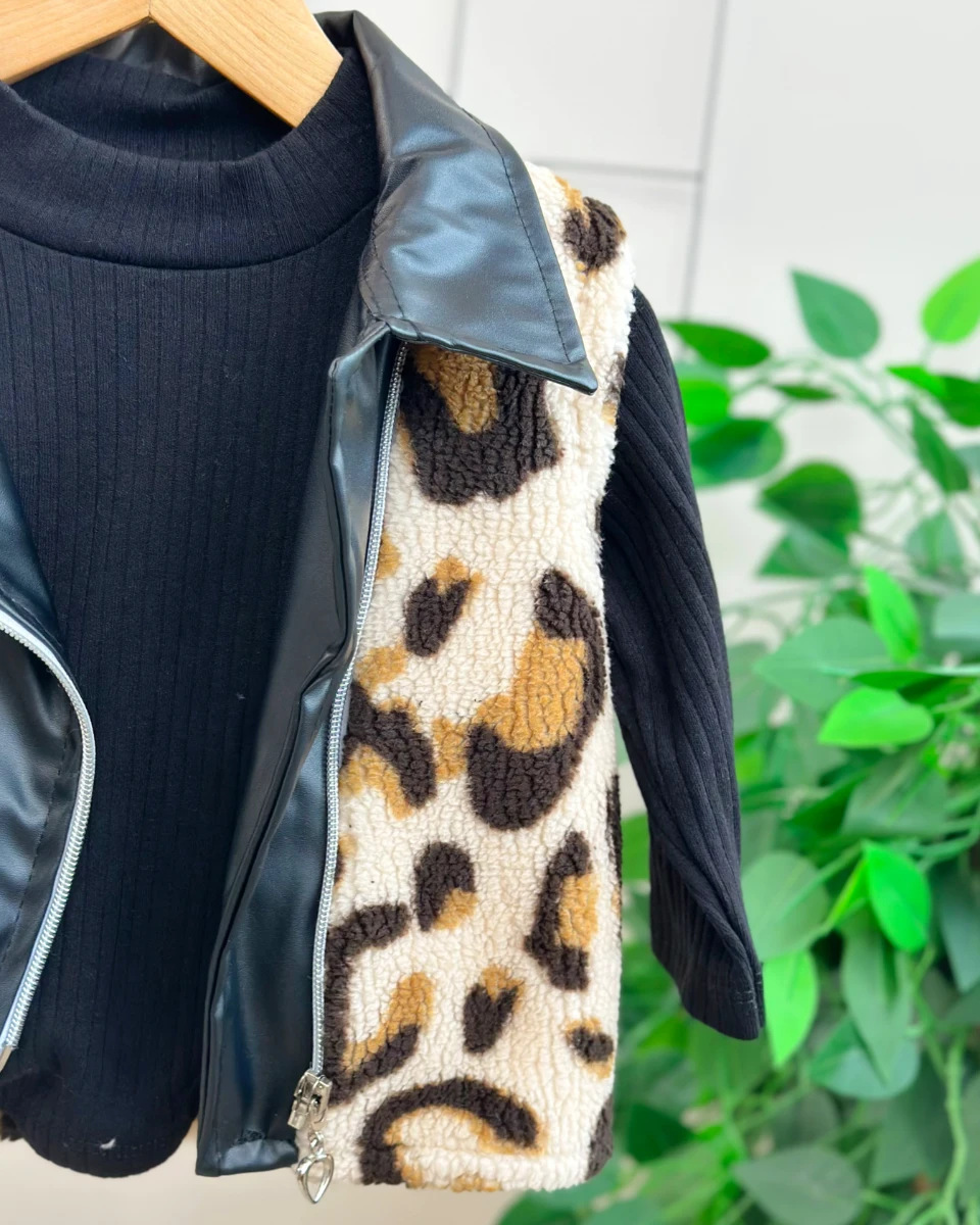 Leopar desen deri etek detaylı hırkalı premium kız 3lü takım