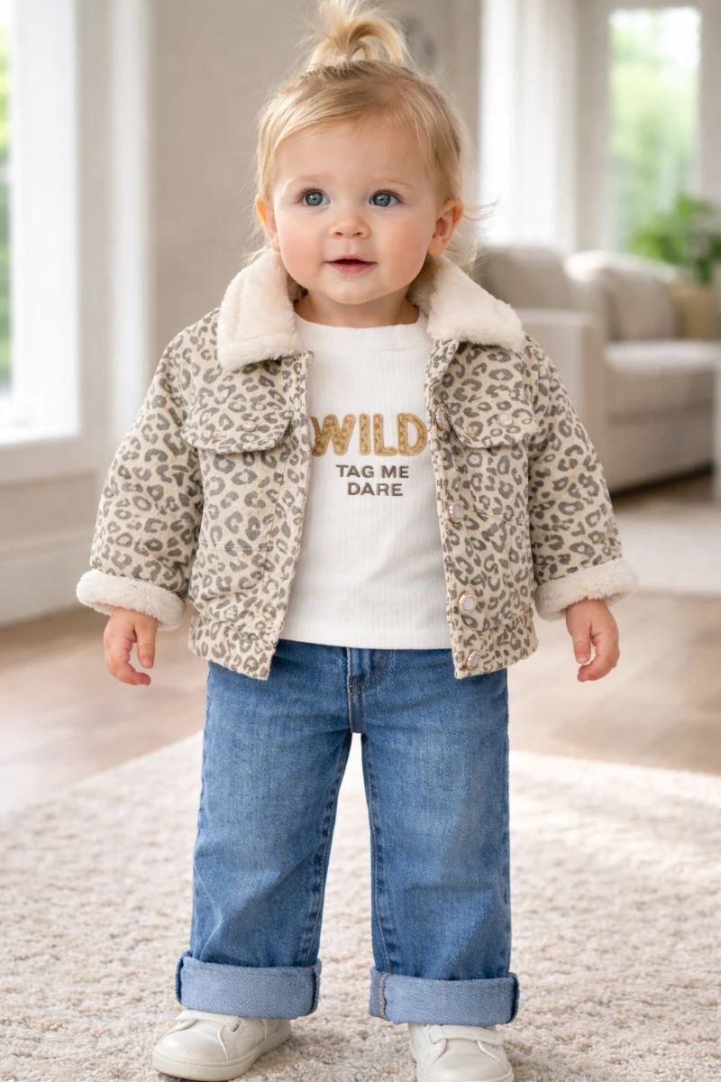 Leopar desenli astarlı kot pantolonlu premium 3lü kız bebe takım