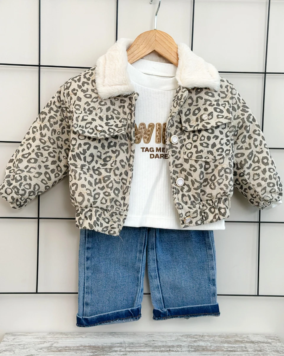 Leopar desenli astarlı kot pantolonlu premium 3lü kız bebe takım