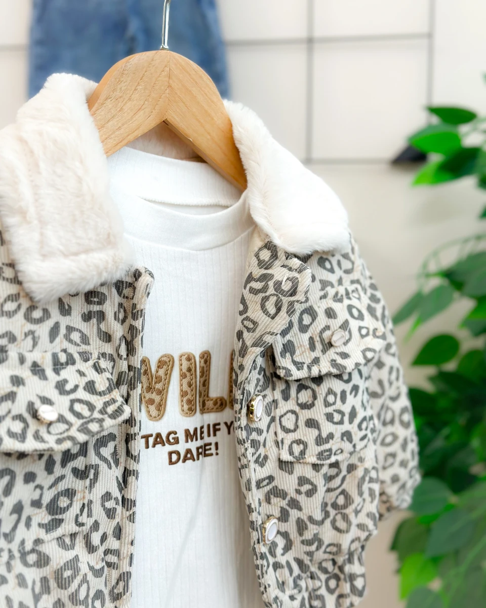Leopar desenli astarlı kot pantolonlu premium 3lü kız bebe takım