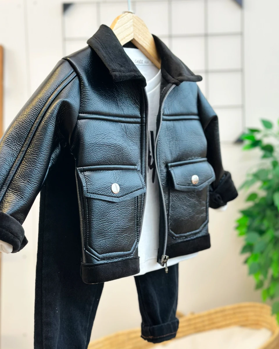 Premium Stil İçi kadife deri ceketli tarz 3lü erkek takım