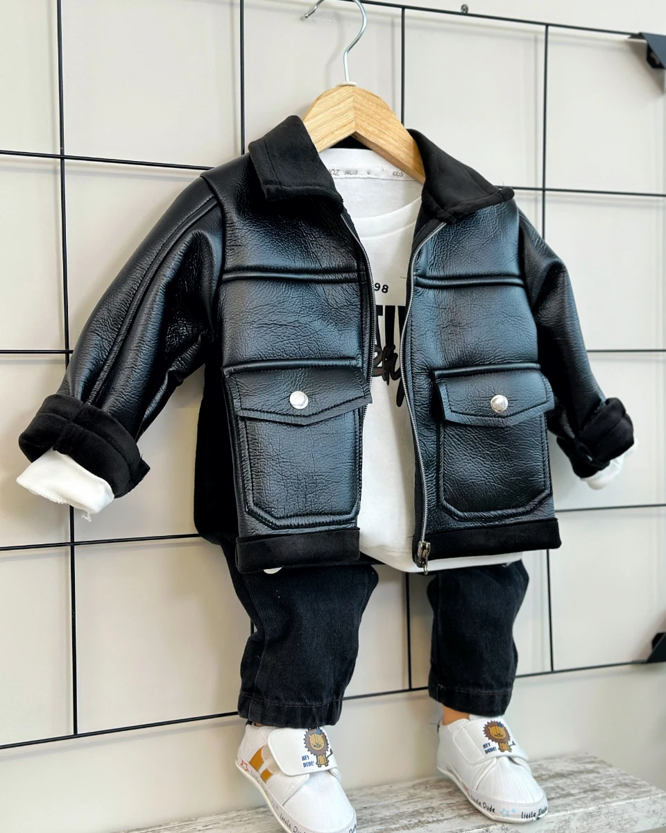 Premium Stil İçi kadife deri ceketli tarz 3lü erkek takım