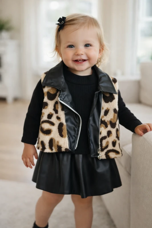 Leopar desen deri etek detaylı hırkalı premium kız 3lü takım