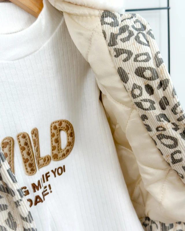 Leopar desenli astarlı kot pantolonlu premium 3lü kız bebe takım