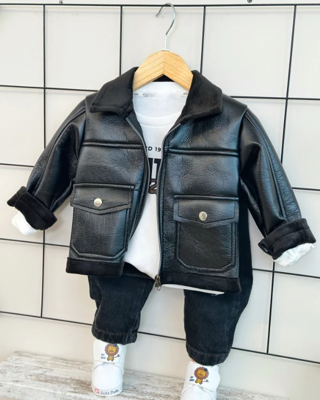 Premium Stil İçi kadife deri ceketli tarz 3lü erkek takım