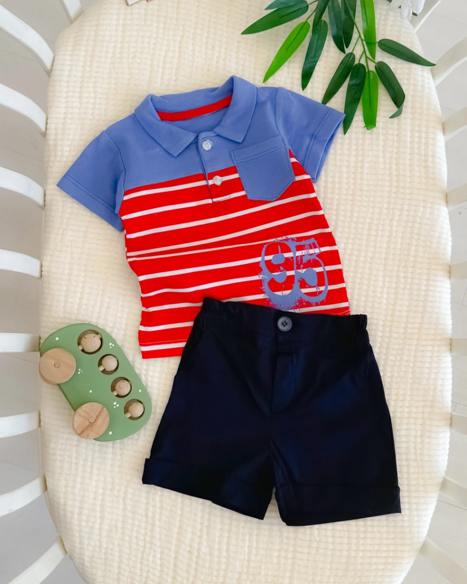 Beyaz yatay çizgili gömlek yakalı yazlık 2 parça takım