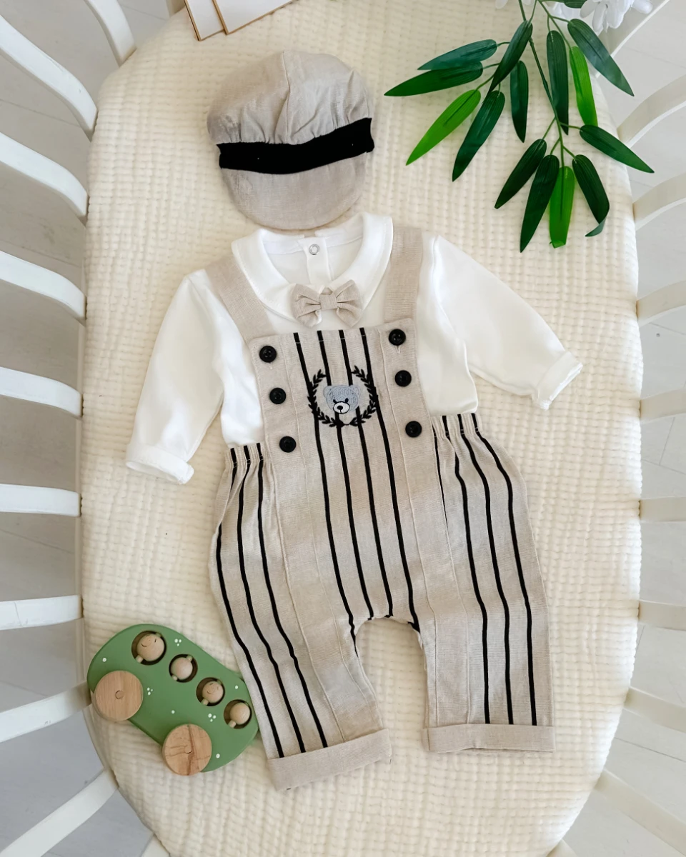 Çizgili keten salopetli kasketli bayramlık 3lü erkek bebe takım