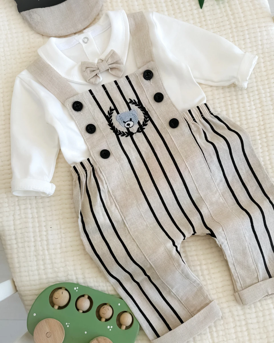 Çizgili keten salopetli kasketli bayramlık 3lü erkek bebe takım