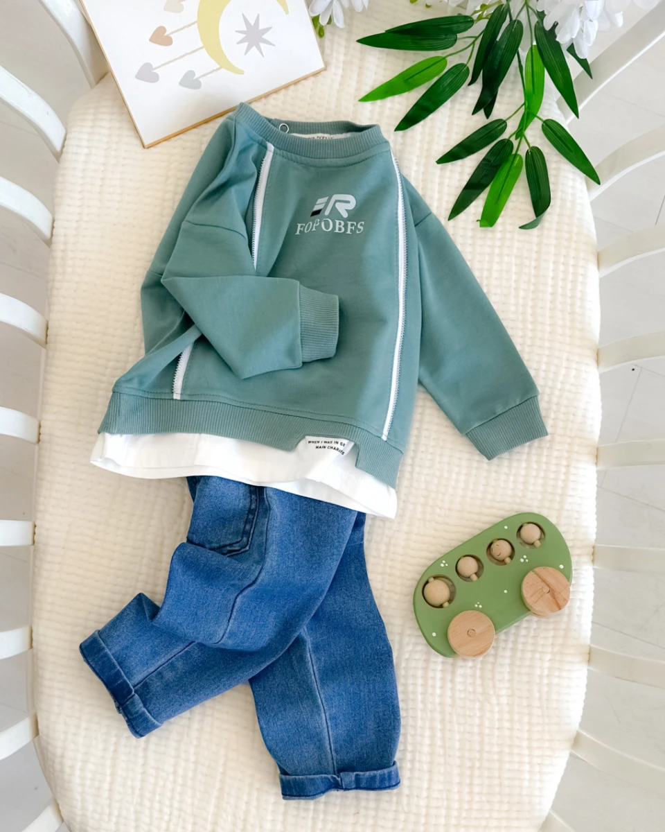 Fermuar detay basıc kot pantolonlu mevsimlik 2li erkek bebe takım