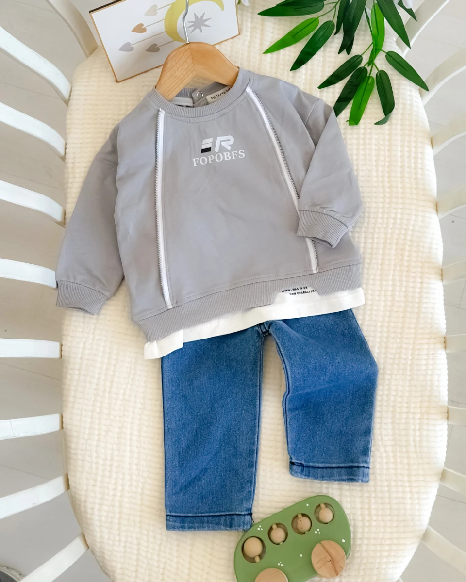 Fermuar detay basıc kot pantolonlu mevsimlik 2li erkek bebe takım