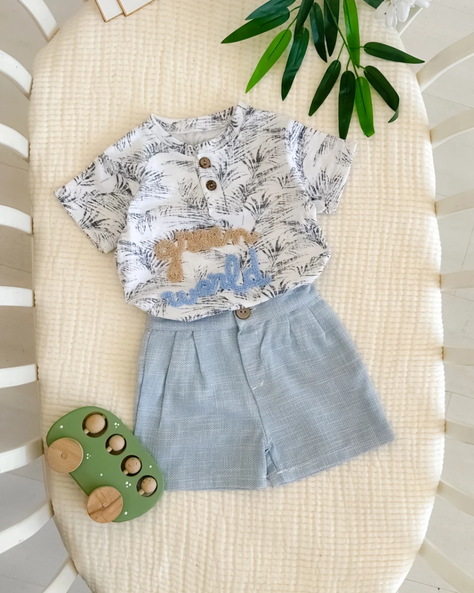 Green world nakışlı ahşap düğme detaylı yazlık 2 parça takım