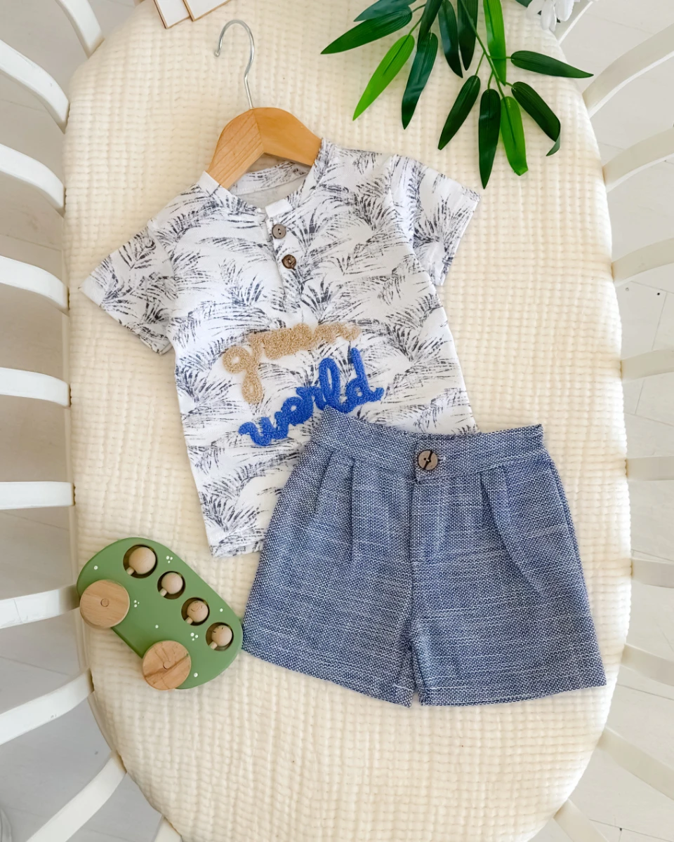 Green world nakışlı ahşap düğme detaylı yazlık 2 parça takım