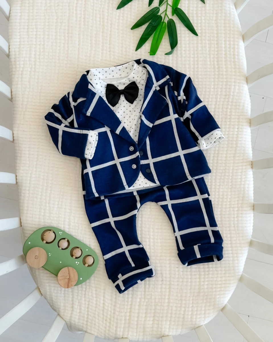 Kare lacivert ceketli papyon detaylı bayramlık 3lü erkek bebe takım