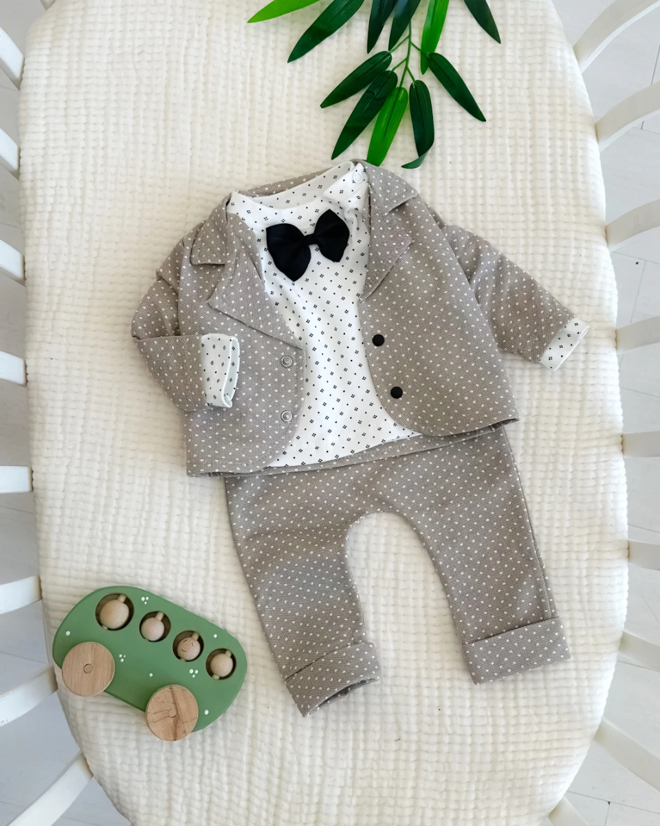 Puantiyeli ceket pantolon papyon detaylı bayramlık 3lü takım