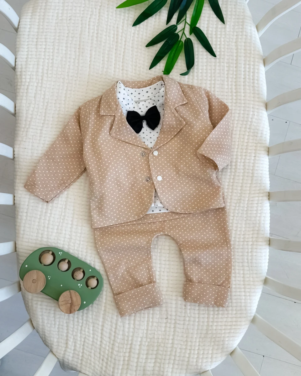 Puantiyeli ceket pantolon papyon detaylı bayramlık 3lü takım