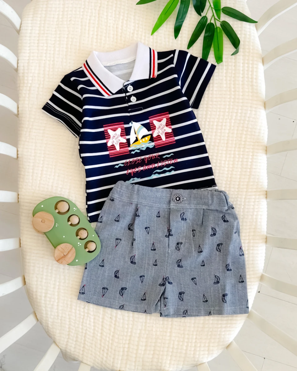 Sevimli tekneler baskılı gömlek yakalı yazlık 2 parça takım