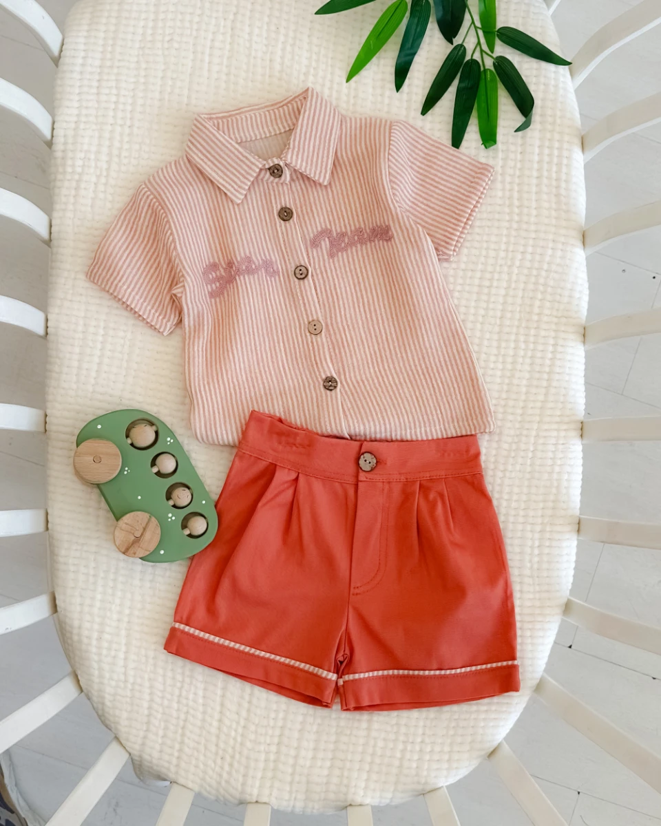 Star nakışlı ahşap düğmeli gabardin kumaş yazlık 2 parça takım