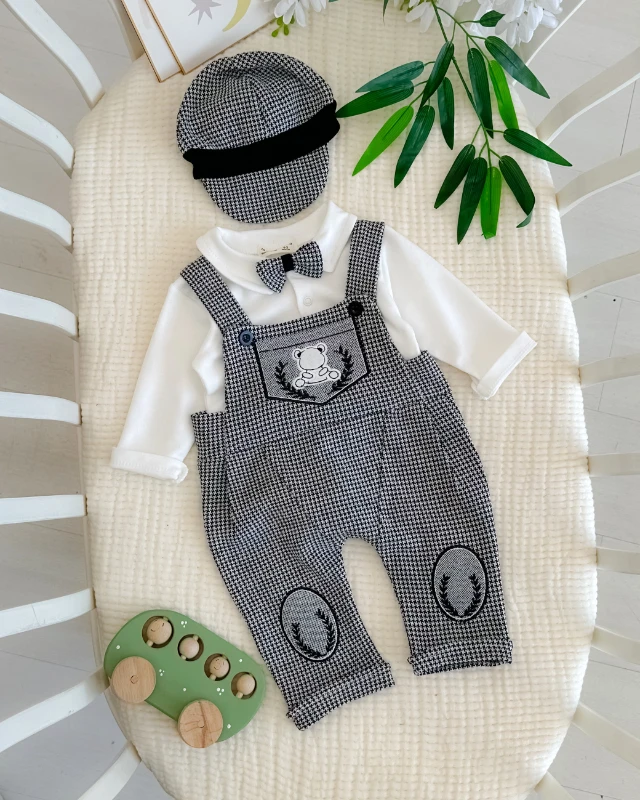 Ayıcık nakışlı kasketli bayramlık 4lü erkek bebe salopet