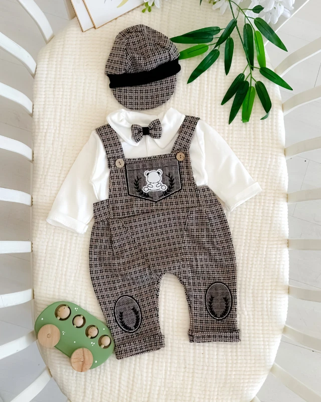 Ayıcık nakışlı kasketli bayramlık 4lü erkek bebe salopet