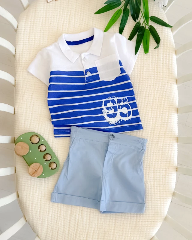 Beyaz yatay çizgili gömlek yakalı yazlık 2 parça takım