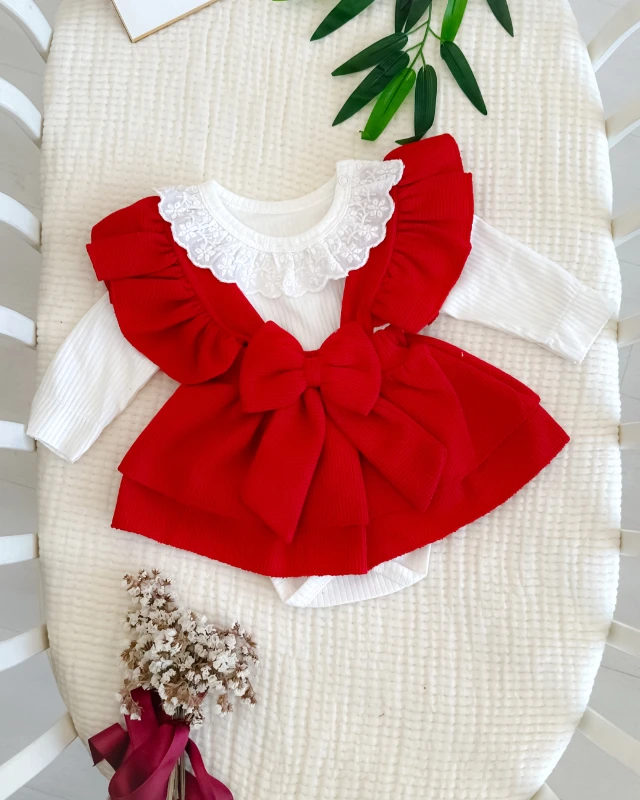 Büyük Fiyonk detaylı güpürlü badili kız bebe elbise