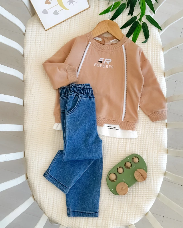 Fermuar detay basıc kot pantolonlu mevsimlik 2li erkek bebe takım