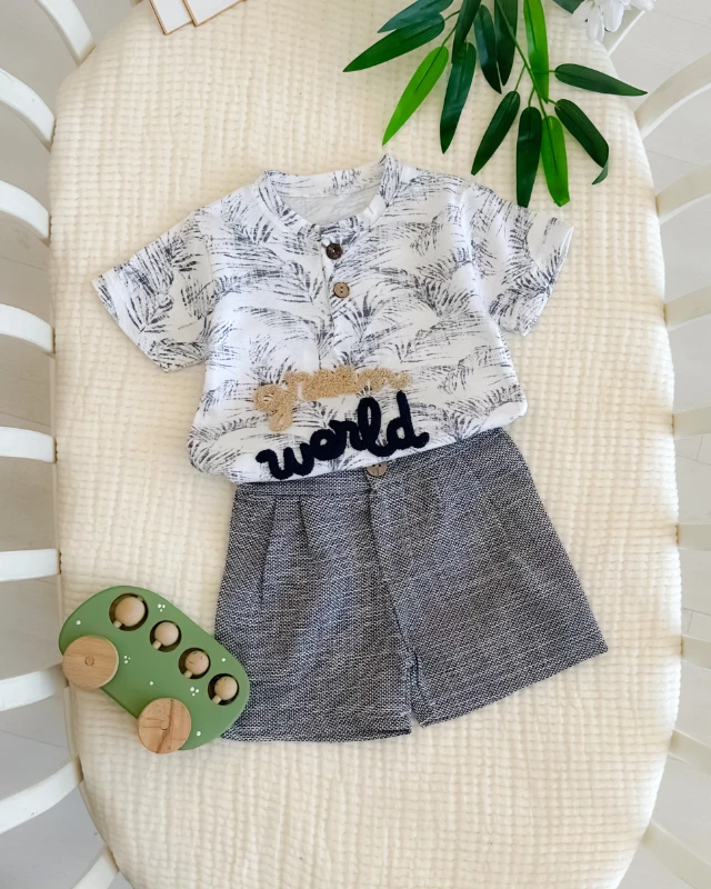 Green world nakışlı ahşap düğme detaylı yazlık 2 parça takım