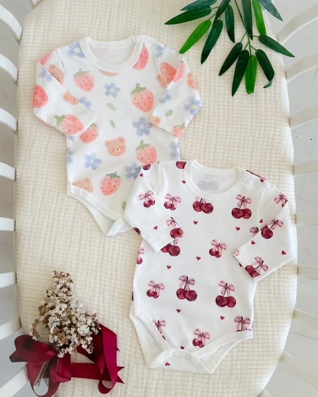 Meyve desenli uzun kollu 2li badi set