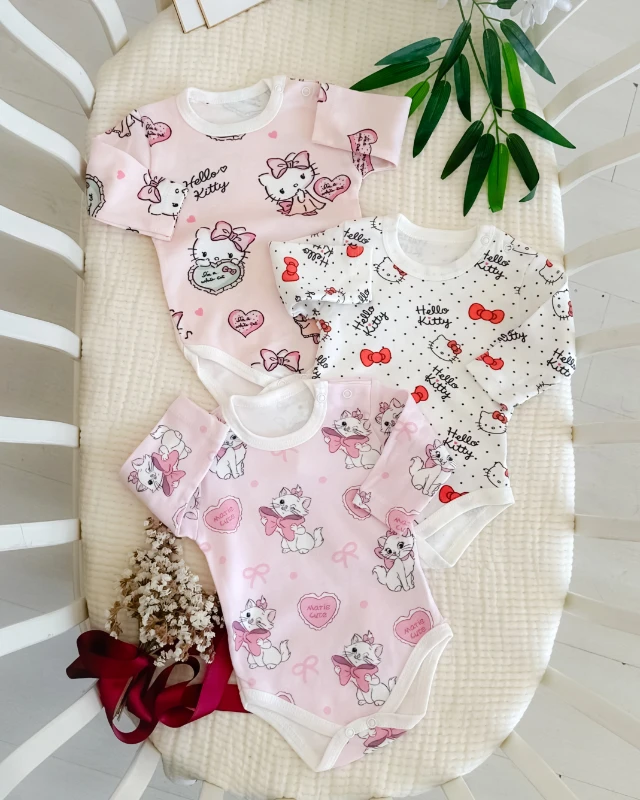 Pisicikler desenli uzun kollu 3lü badi set