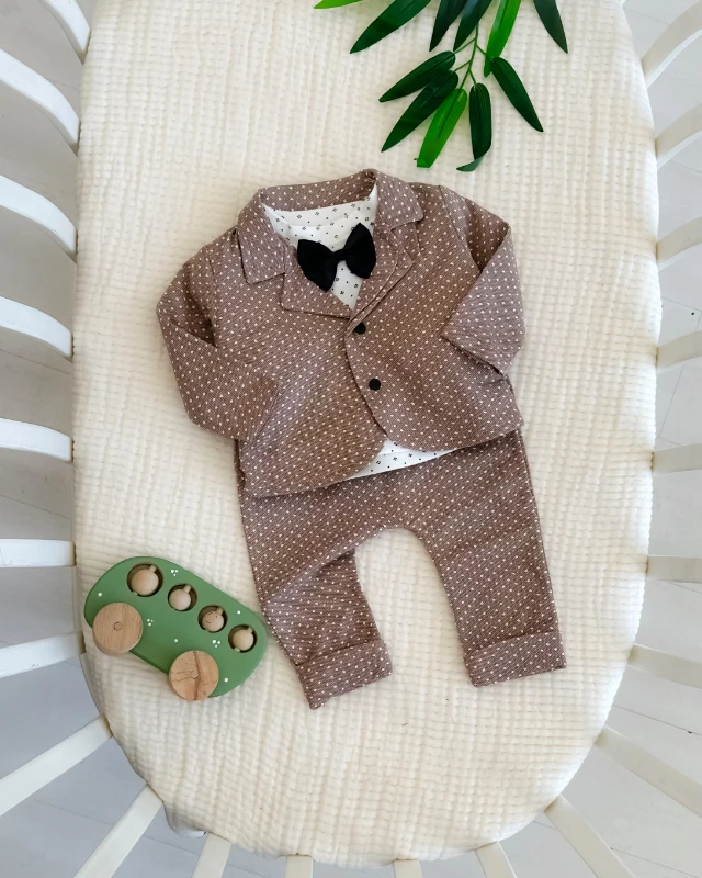 Puantiyeli ceket pantolon papyon detaylı bayramlık 3lü takım