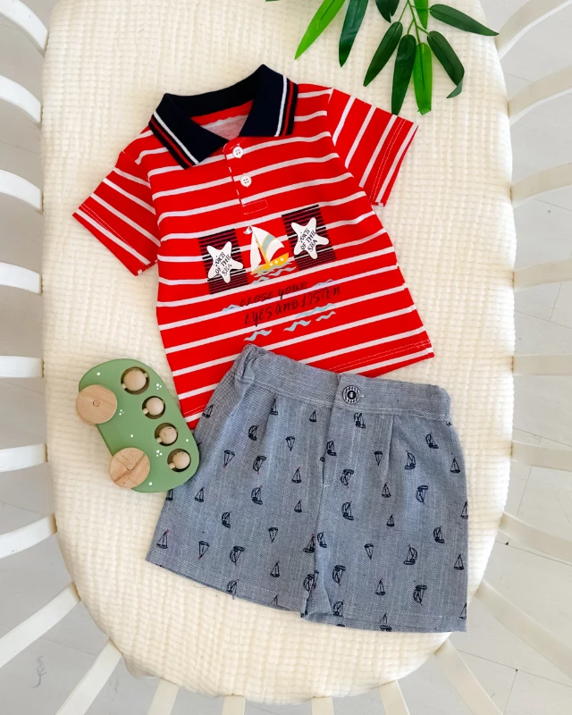 Sevimli tekneler baskılı gömlek yakalı yazlık 2 parça takım