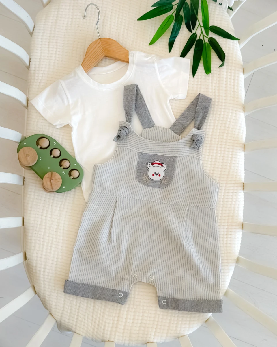 Denizci ayıcık nakışlı keten salopetli yazlık 2li bebe takım
