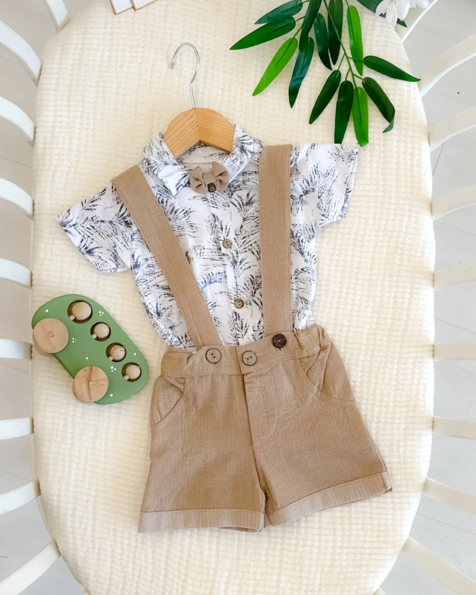 Havai desen zıbın gömlekli şort salopet 3lü erkek yazlık takım