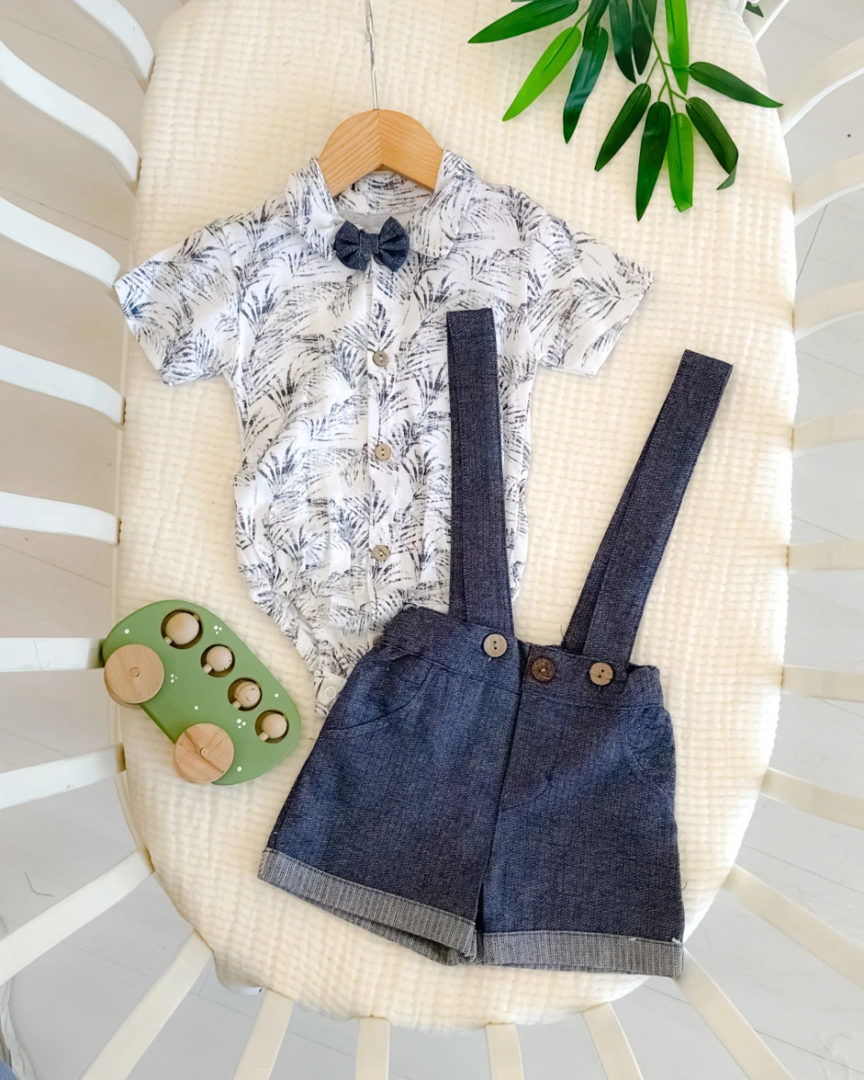 Havai desen zıbın gömlekli şort salopet 3lü erkek yazlık takım