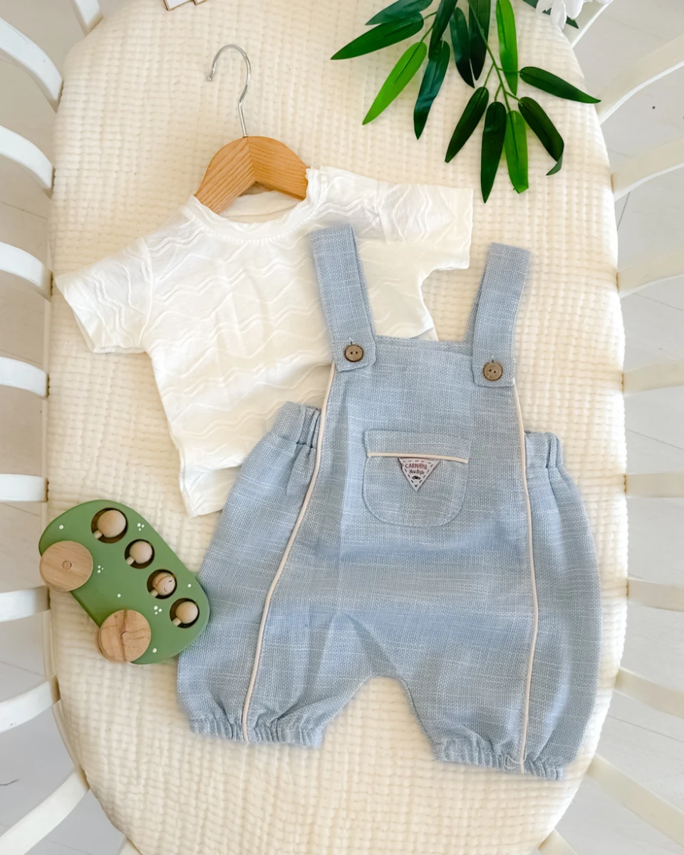 Önde cep detaylı keten 2li yazlık salopet takım