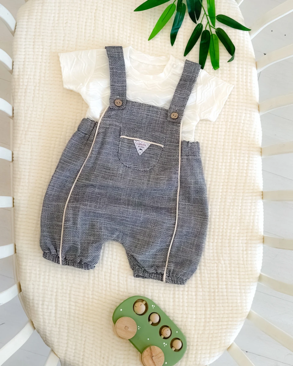 Önde cep detaylı keten 2li yazlık salopet takım