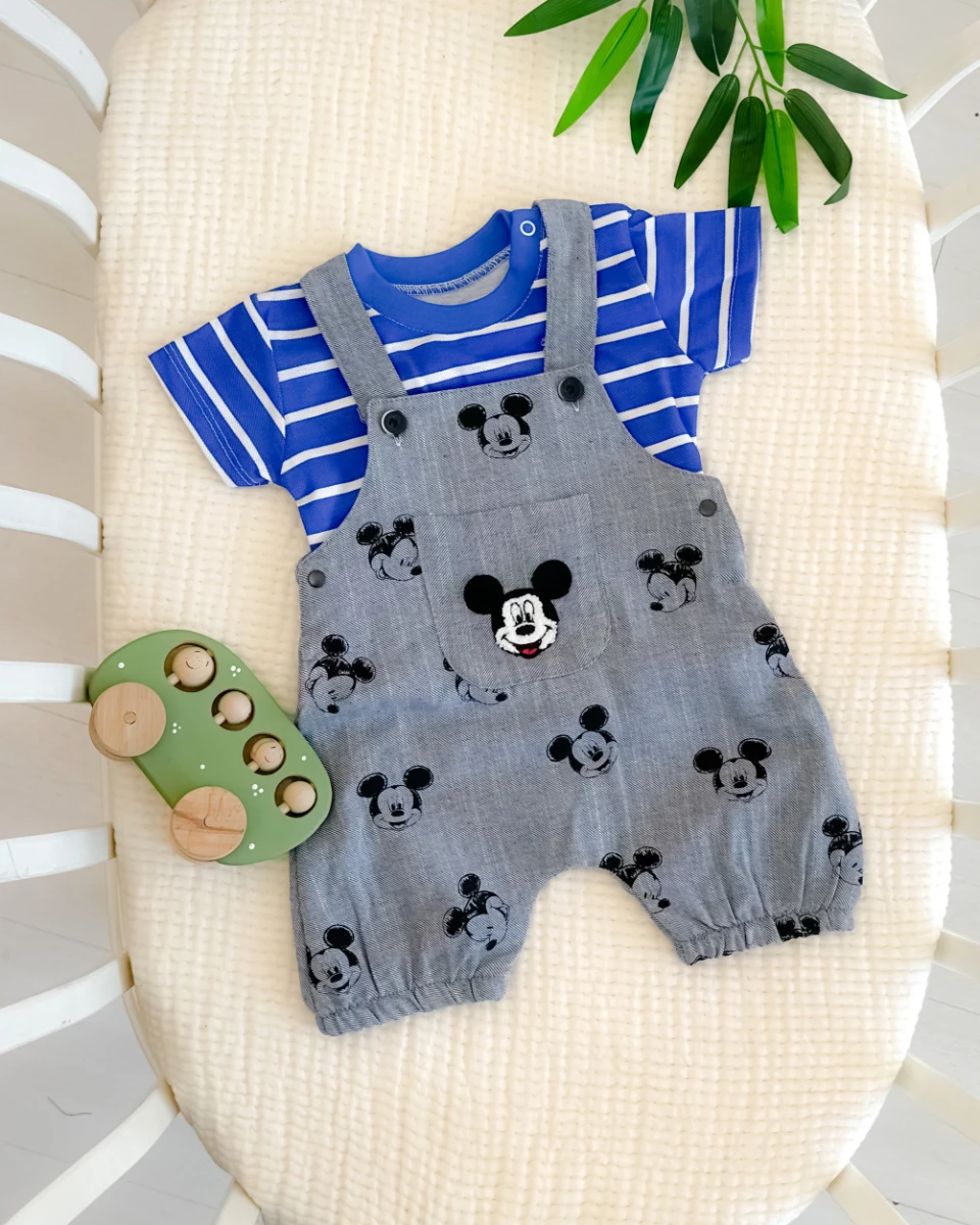 Sevimli farecik çizgili tişörtlü yazlık 2li salopet takım