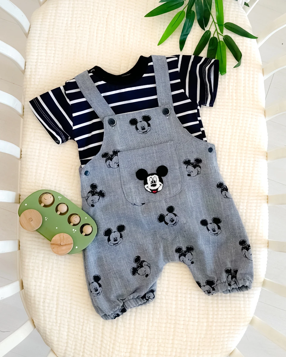 Sevimli farecik çizgili tişörtlü yazlık 2li salopet takım