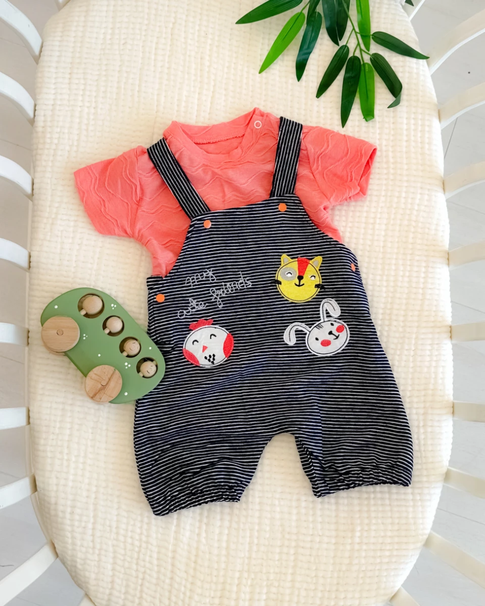 Sevimli hayvanlar salopetli yazlık 2li bebe takım