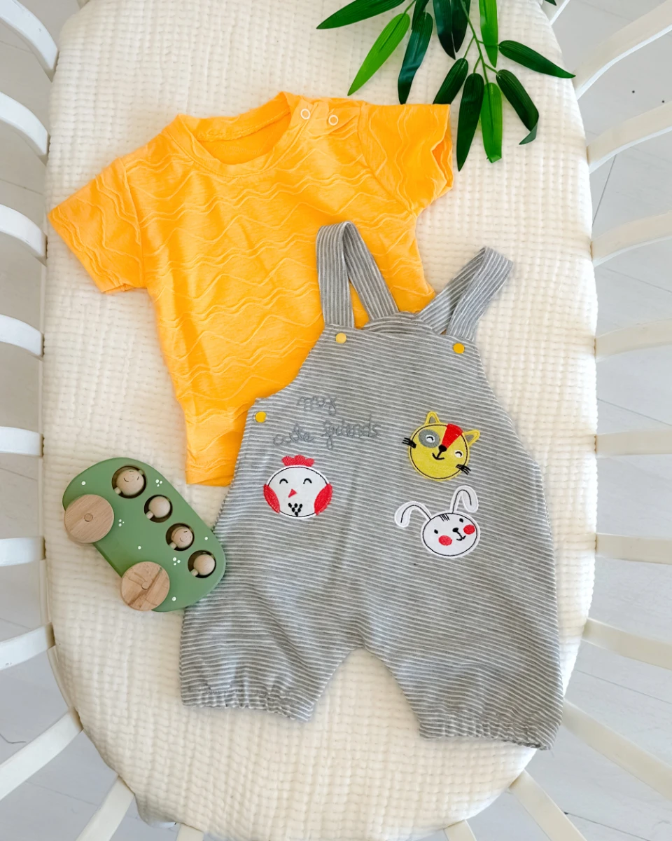 Sevimli hayvanlar salopetli yazlık 2li bebe takım