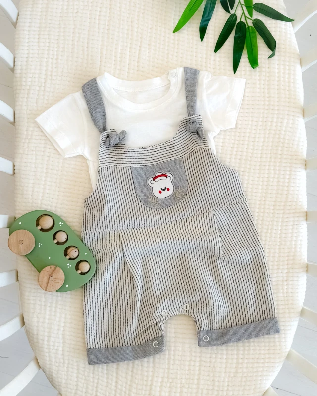 Denizci ayıcık nakışlı keten salopetli yazlık 2li bebe takım