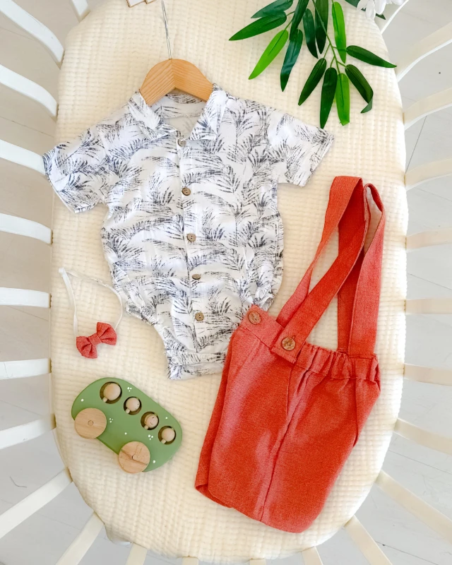 Havai desen zıbın gömlekli şort salopet 3lü erkek yazlık takım