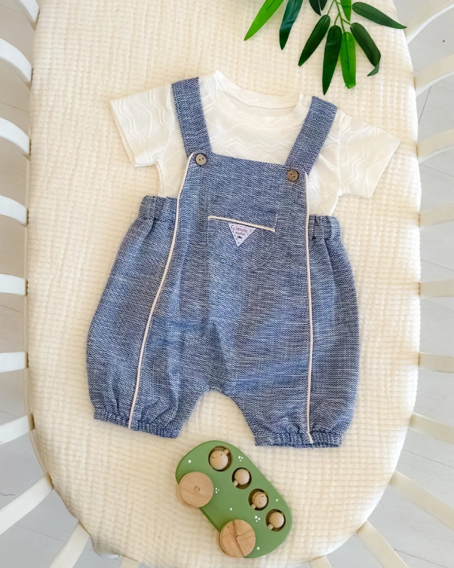 Önde cep detaylı keten 2li yazlık salopet takım