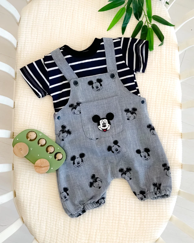 Sevimli farecik çizgili tişörtlü yazlık 2li salopet takım