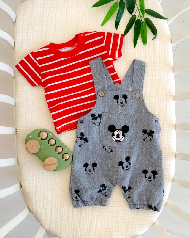 Sevimli farecik çizgili tişörtlü yazlık 2li salopet takım