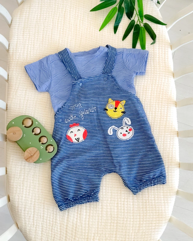 Sevimli hayvanlar salopetli yazlık 2li bebe takım