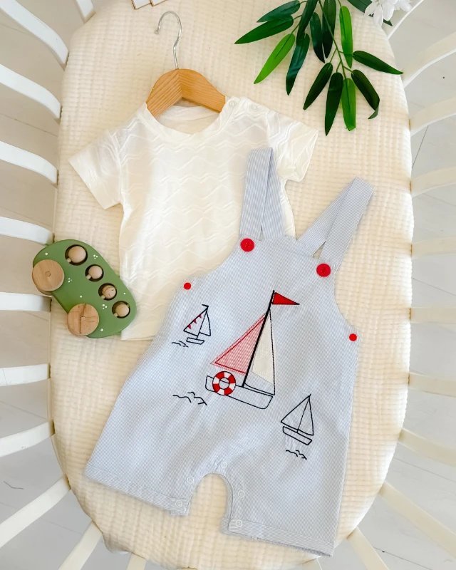 Yelkenli nakışlı yazlık erkek salopet takım